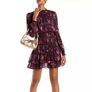 Aqua Burgandy Floral Print Smocked Mini Dress